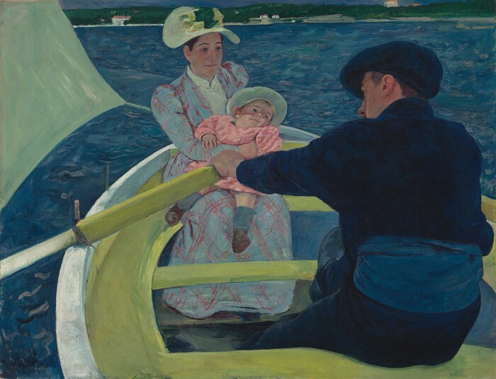 A rower in dark clothes facing a woman holding a child in a small boat.