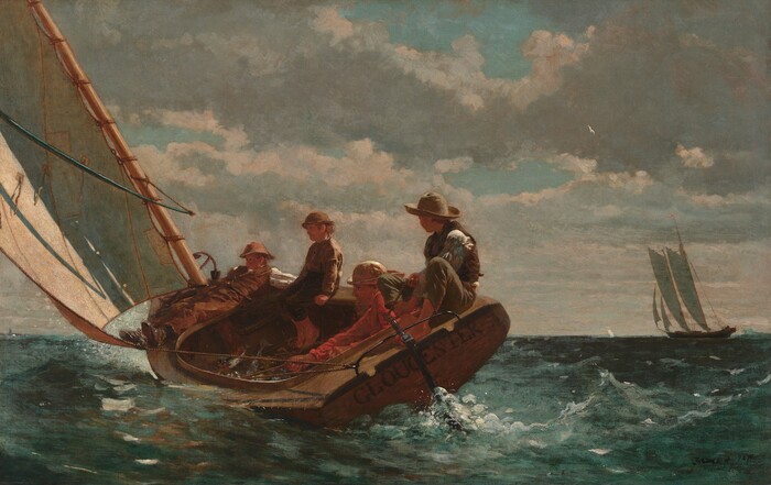 Four figures in a small sailboat heeling into a fresh wind.