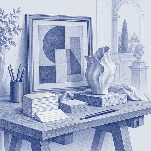 An illustrated gallery desk with catalogs, framed art, and a marble sculpture.