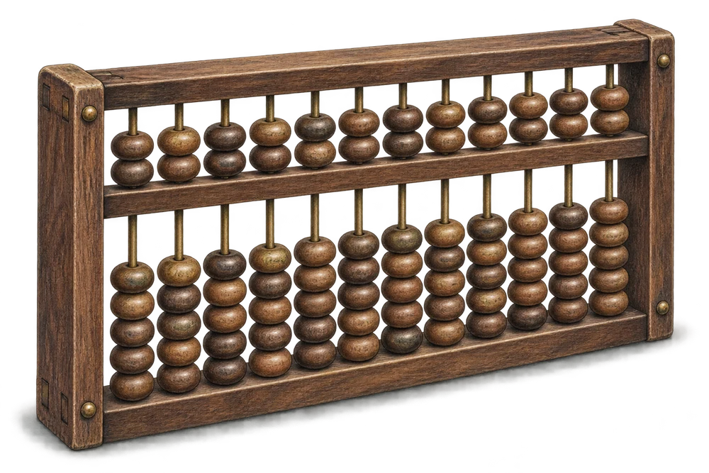 An antique walnut and bronze abacus, rendered as a detailed archival illustration.