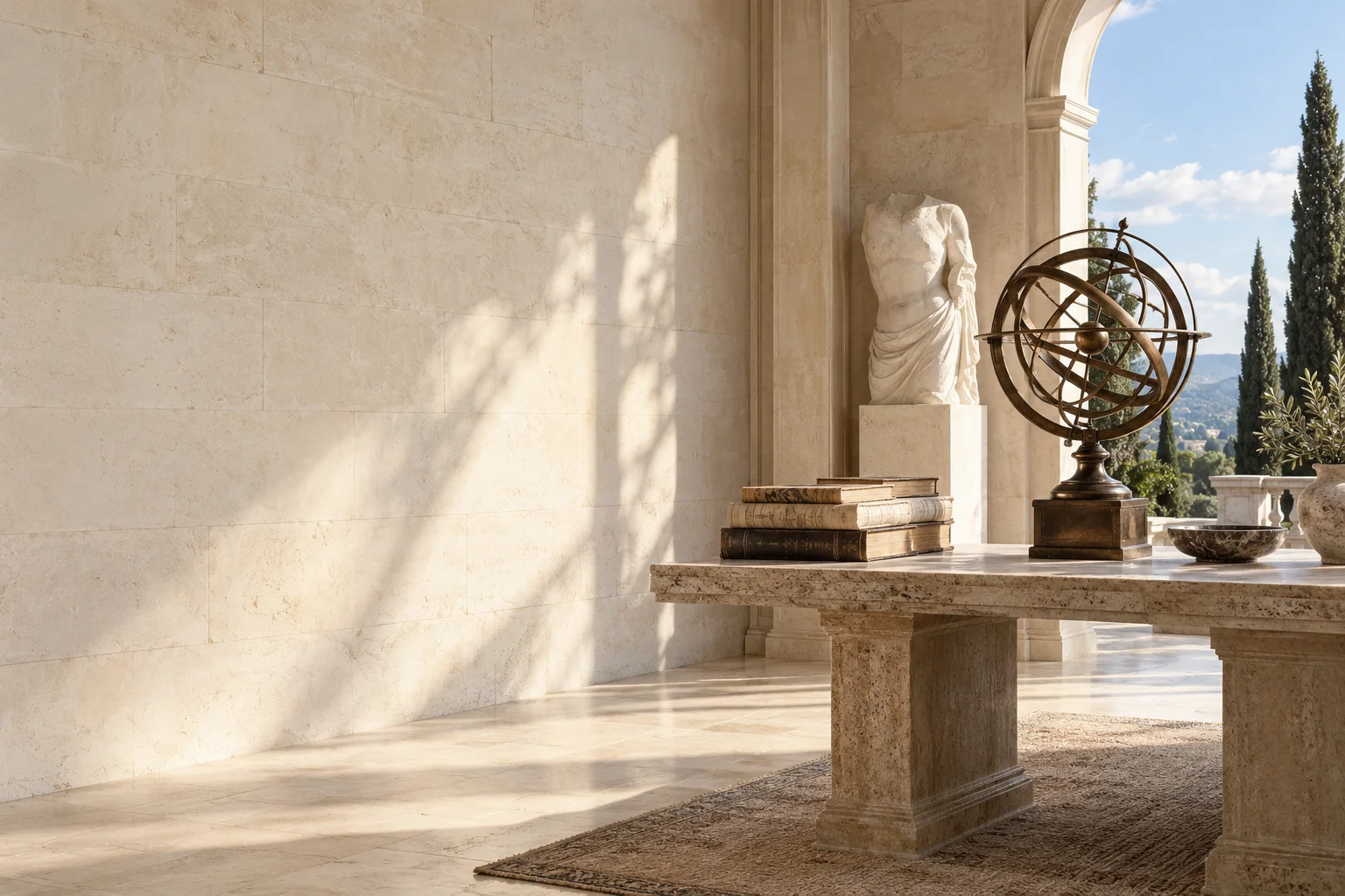 A bronze armillary sphere and archival folios in a quiet limestone study.