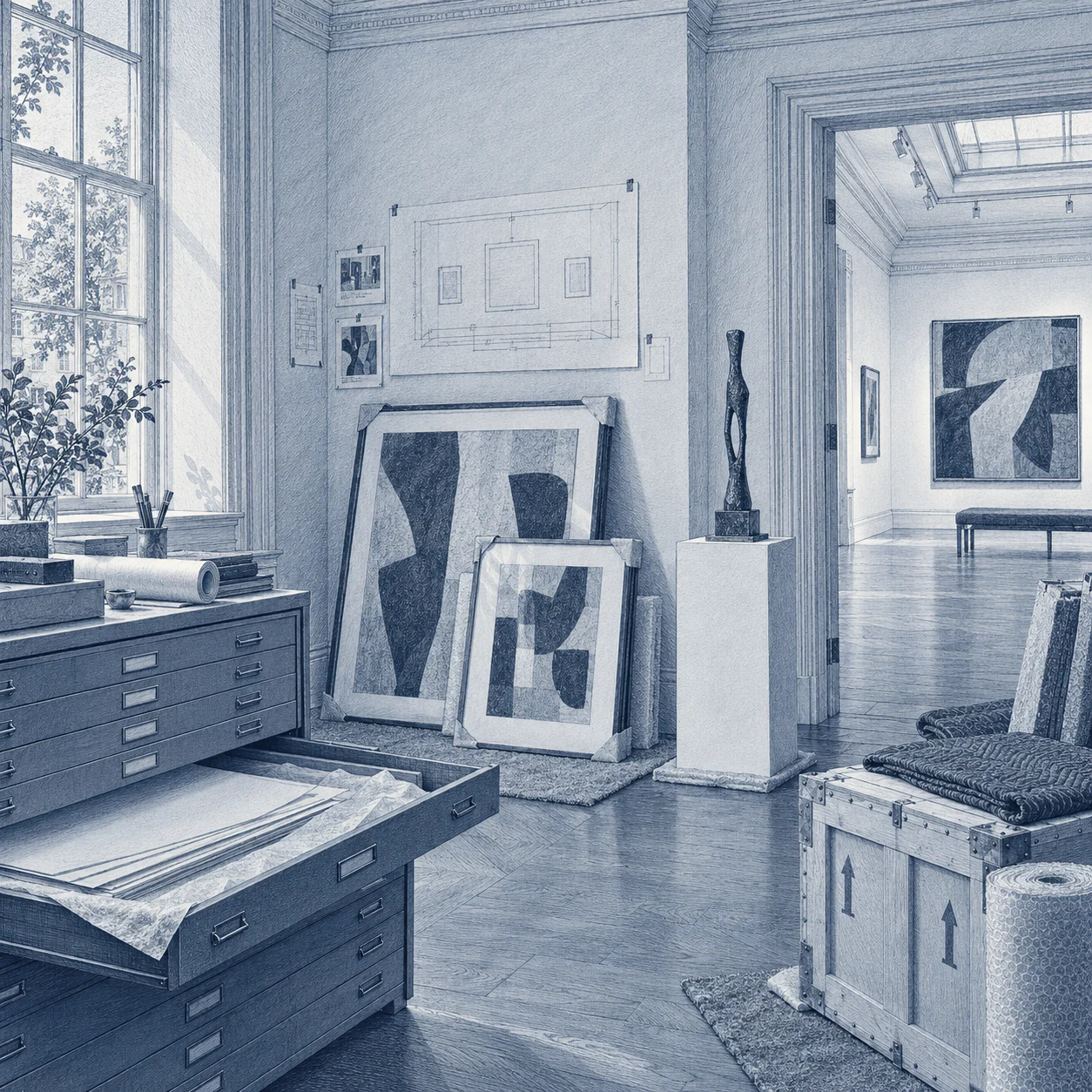 Engraved gallery backroom with framed works, a flat file, sculpture, and transport crate.