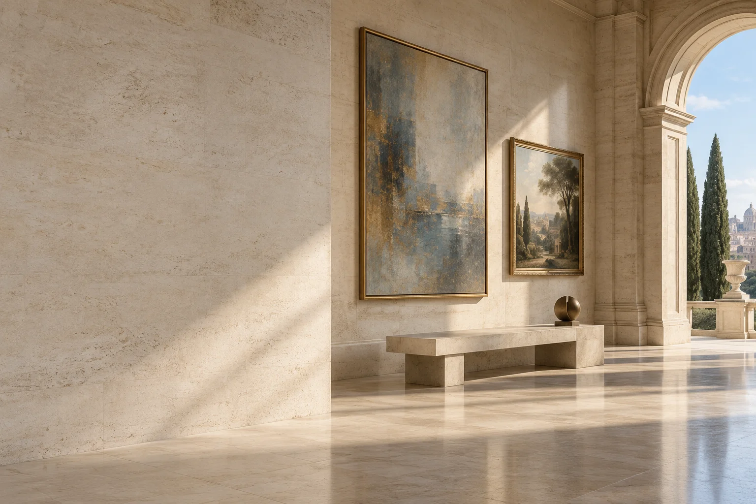 A sunlit gallery with paintings, a stone bench, and an arched view of the Mediterranean.
