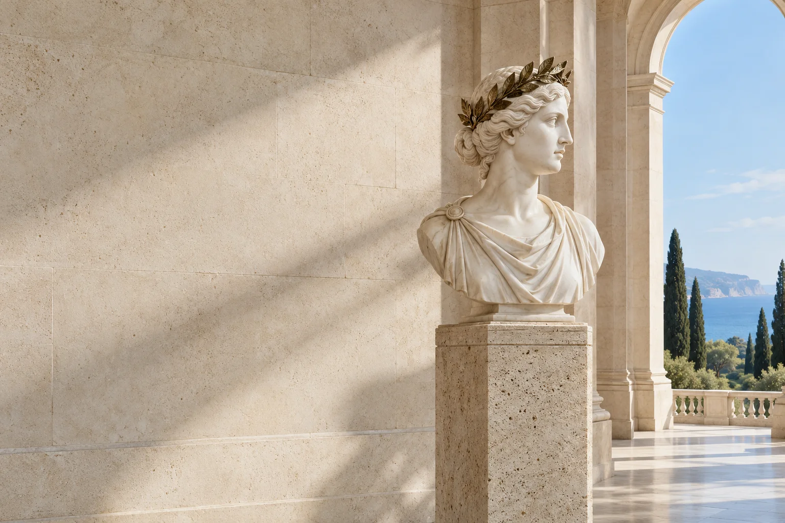 A classical marble bust with a bronze laurel wreath in a sunlit stone museum.