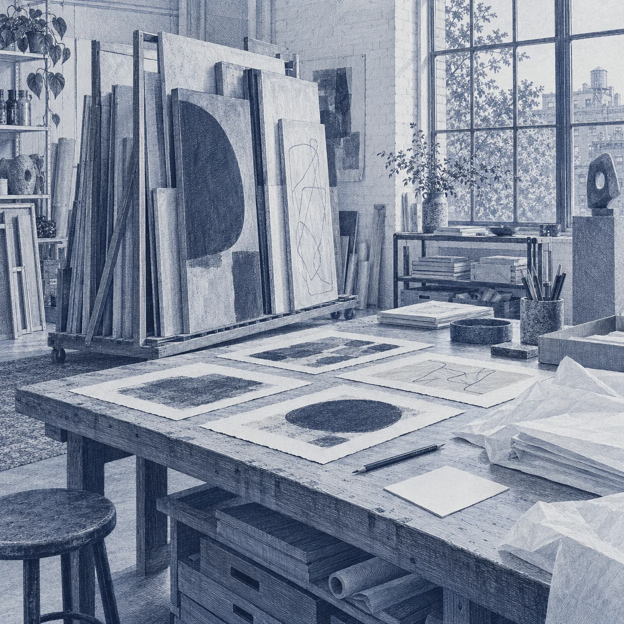 Engraved artist's studio with works on a rack, prints on a table, and archival materials.